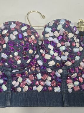 Jeweled Strapless Denim Bustier Dress in Pink & Purple